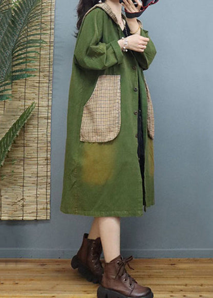 Green Plaid Pockets Patchwork Cotton Coats Fall
