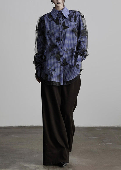 New Peter Pan Collar Plaid Butterfly Embroidered Cotton Blouses Fall