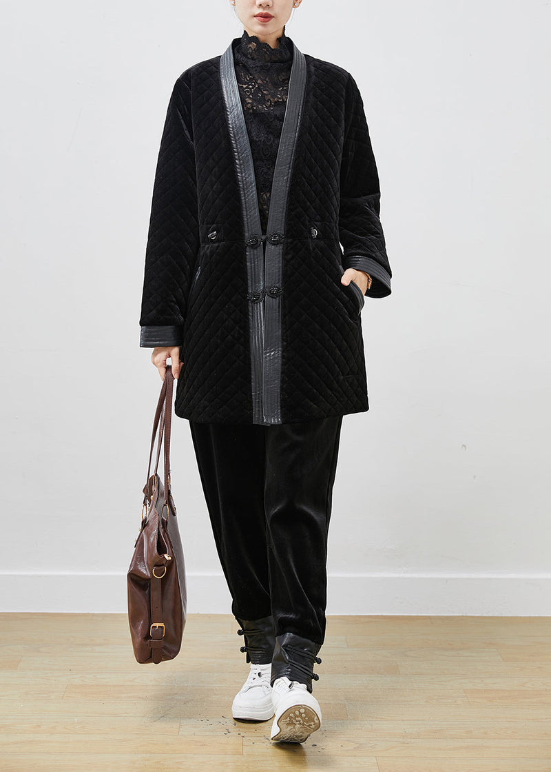 Black Chinese Button Patchwork Silk Velour Coat Winter