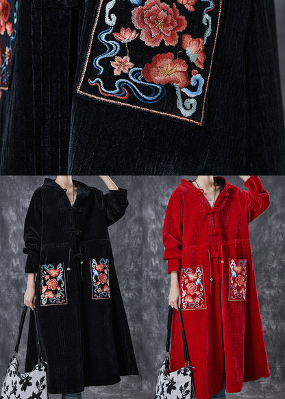 Red Oriental Warm Fleece Corduroy Trench Coat Embroideried Winter