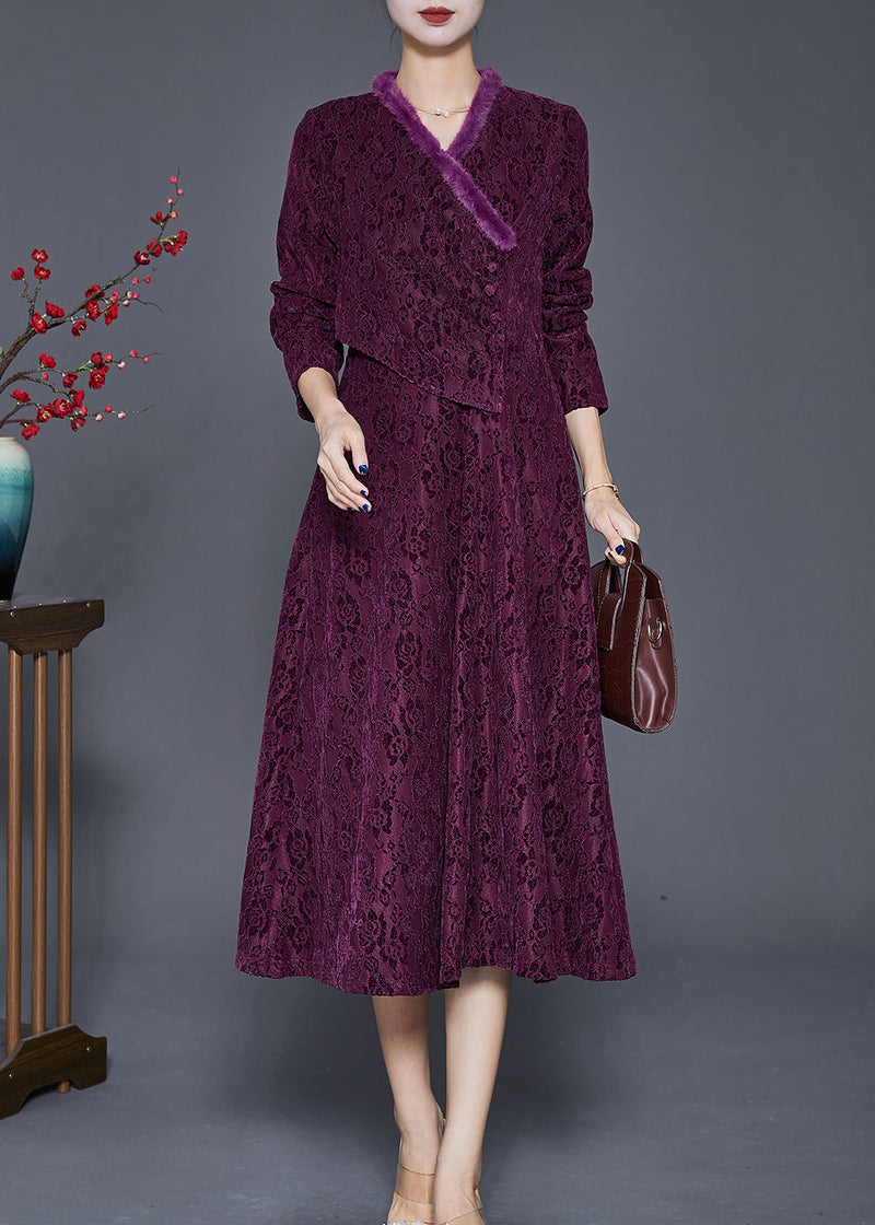 Dull Purple Jacquard Slim Fit Warm Fleece Dresses Winter
