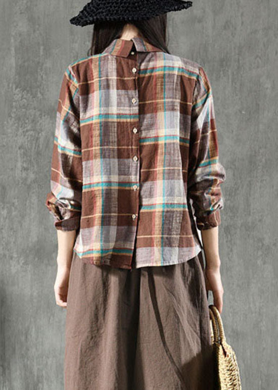 Coffee Plaid Peter Pan Collar Patchwork Linen Blouse Tops Spring