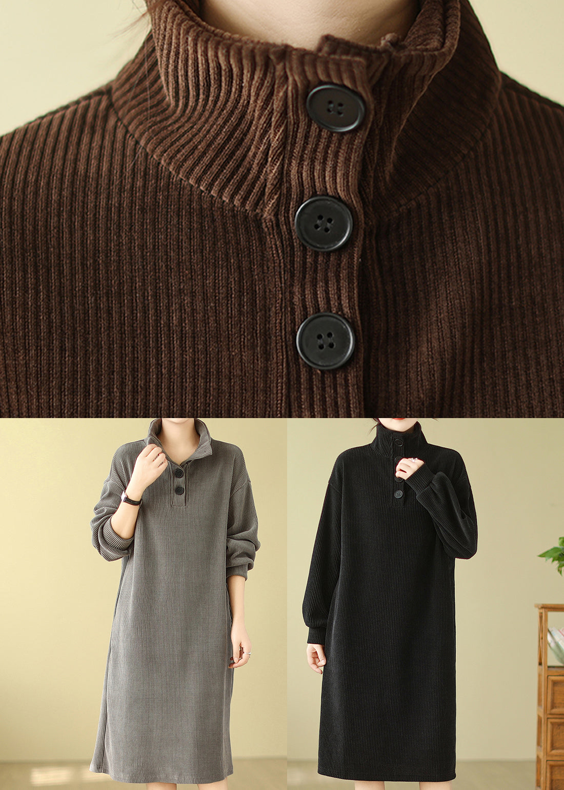 Boutique Coffee Hign Neck Button Corduroy Dress Fall