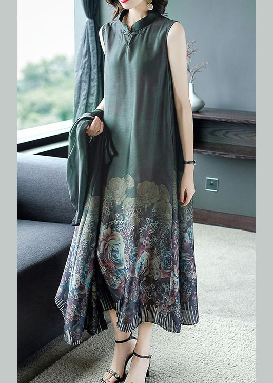 Blackish Green Print Silk Cardigans and Long Dress Two Pieces Set Button Spring