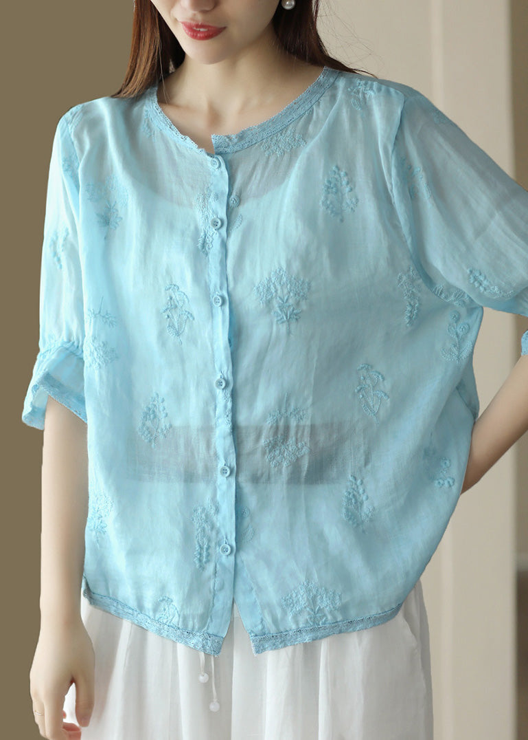 Green O Neck Embroidered Linen Shirt Summer