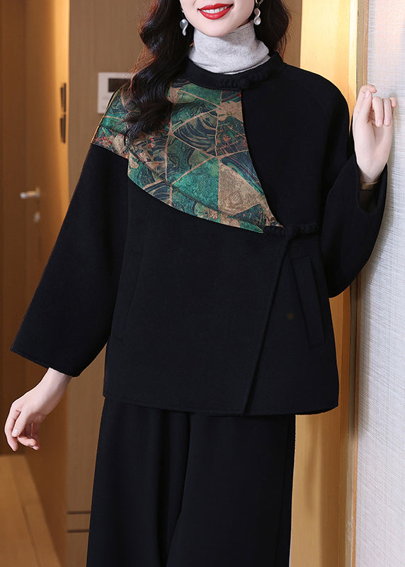 Black O Neck Pockets Wool Coats Spring