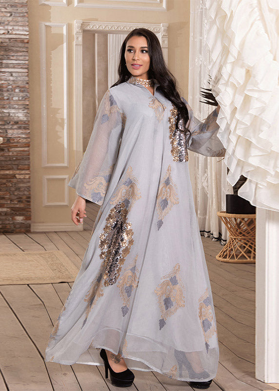 White Stand Collar Embroideried Sequins Tulle Maxi Dresses Long Sleeve Spring