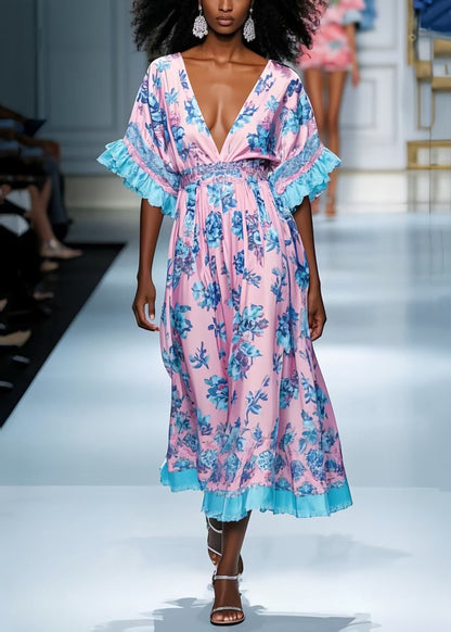Style Pink Deep-v Neck Print Silk Dress Summer