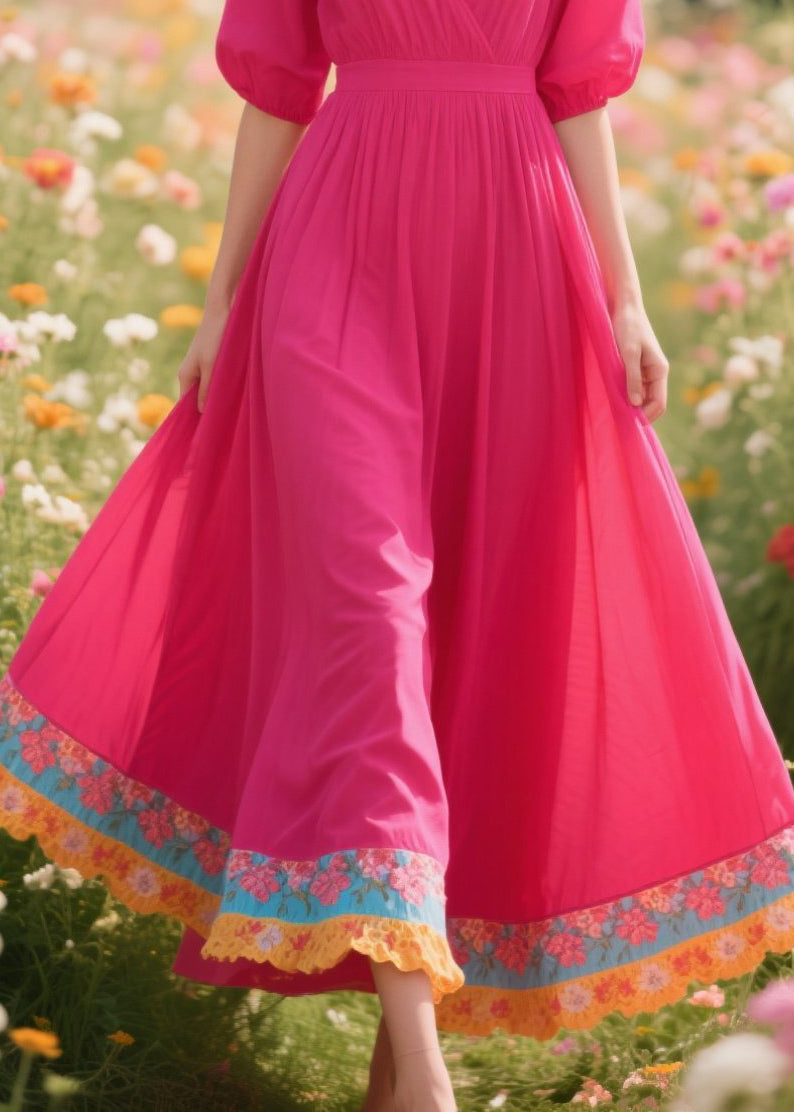 Rose V Neck Patchwork Exra Large Hem Cotton Dresses Summer