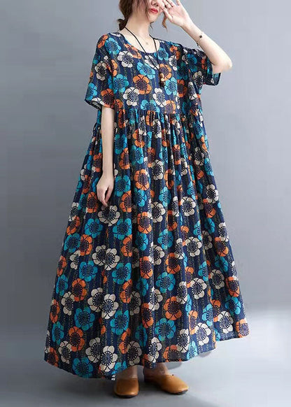 Blue O-neck Print Summer Party Dress Half Sleeve