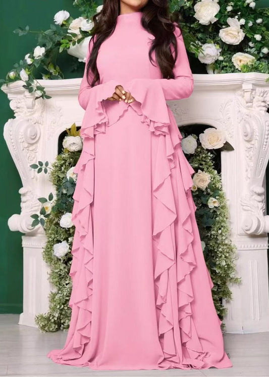 Pink High Waist Chiffon Maxi Dresses Flare Sleeve