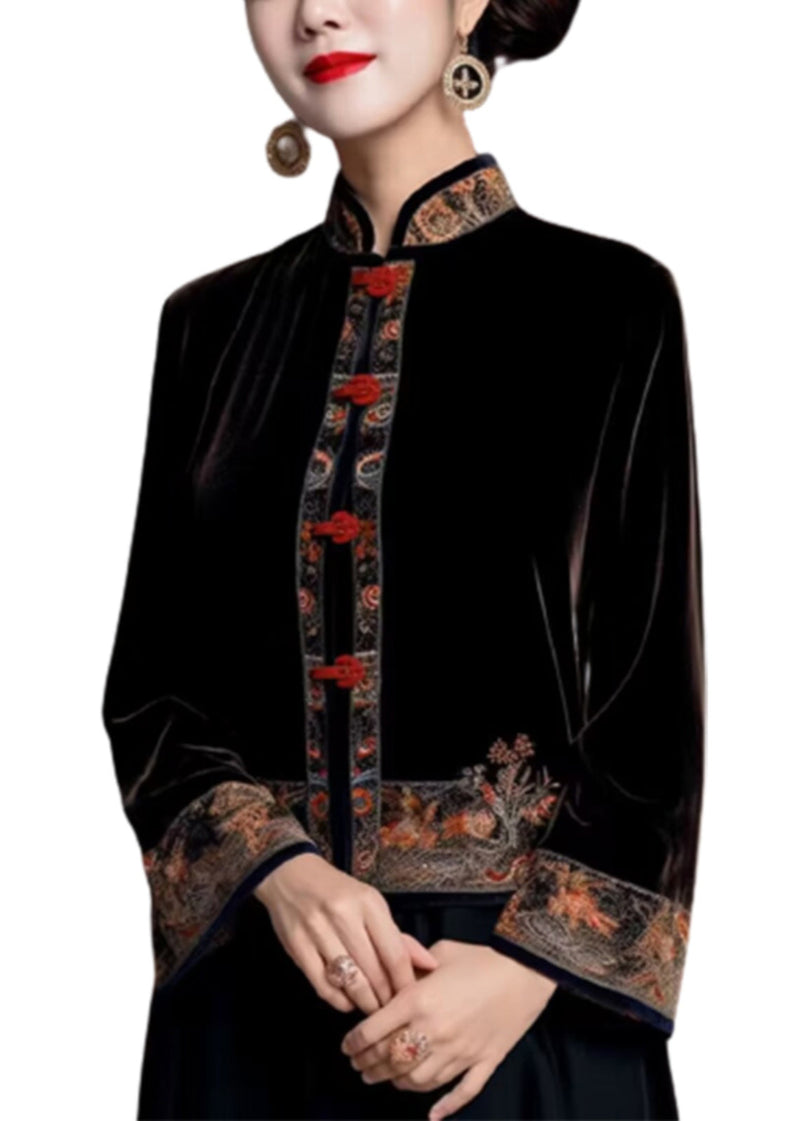 Classy Black Stand Collar Embroideried Silk Velour Coats Fall