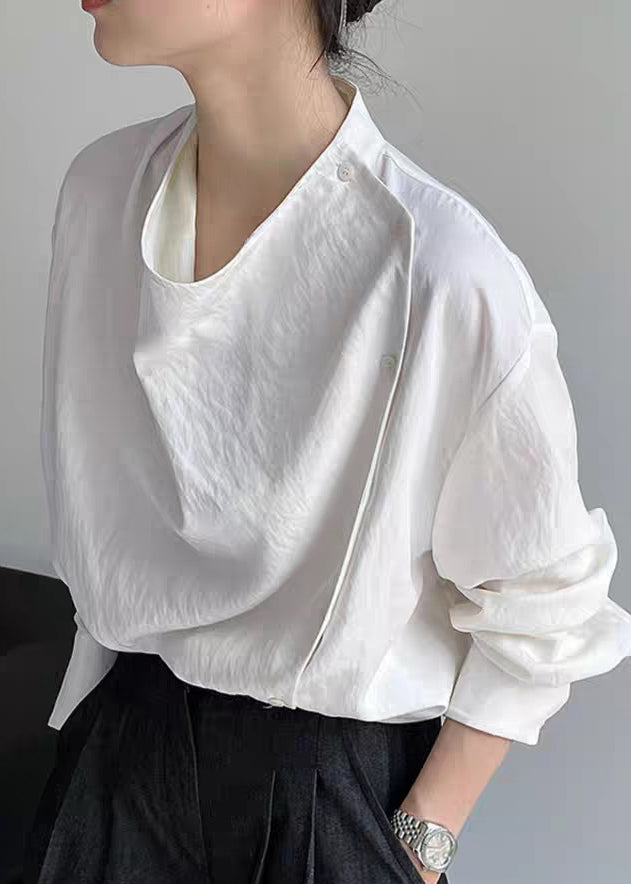 White Stand Collar Button Shirts Lantern Sleeve Spring