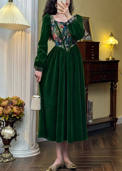 Green Jacquard Ruffled Silk Velour Long Dresses Spring