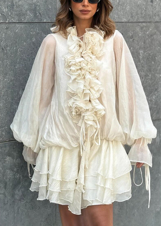 Art Beige Ruffled Lace Up Chiffon Mini Dresses Spring