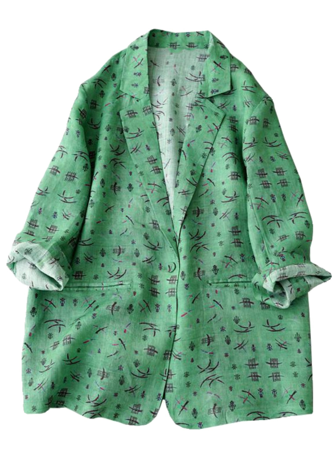 Green Notched Print Coats Long Sleeve Spring