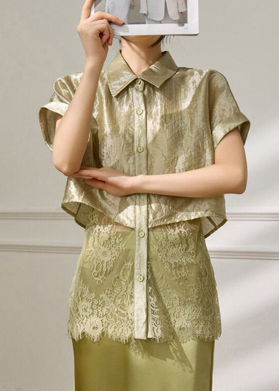Original Design Green Peter Pan Collar Lace Patchwork Fake Two-piece Shirts Summer