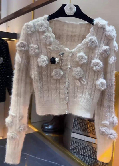 Slim Fit Beige Button Patchwork Knit Sweaters Winter