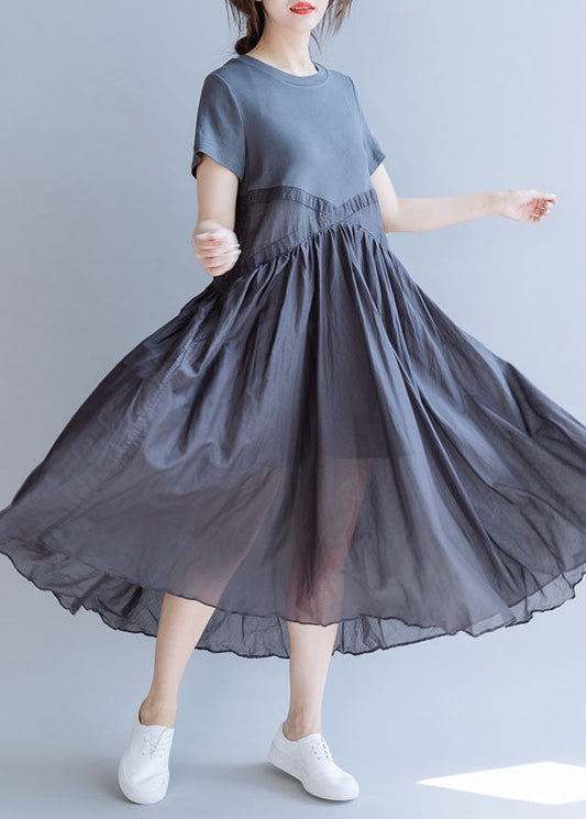 Grey Patchwork Cotton Party Dress Short Sleeve
