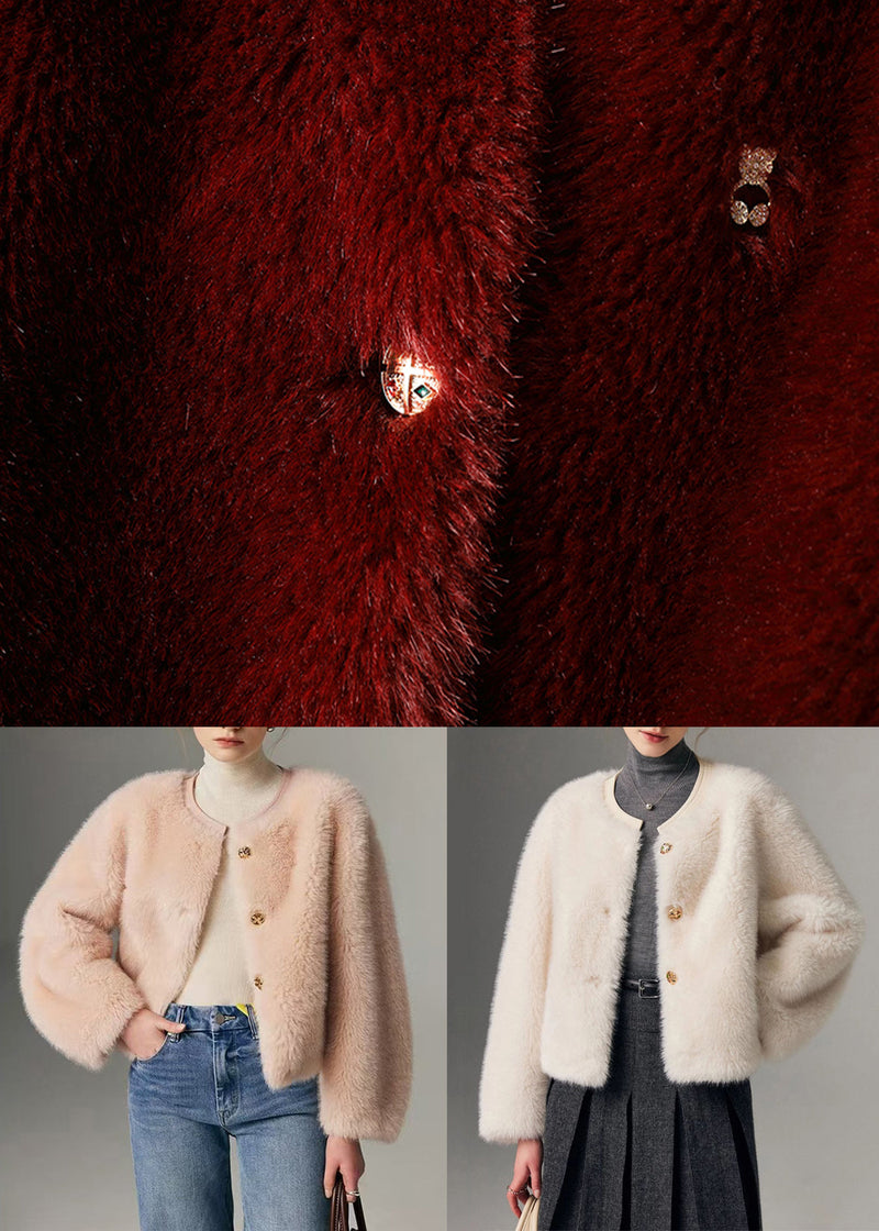 Wine Red Button Leather and Fur Winter Coats O Neck