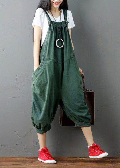 Green Wrinkled Patchwork Denim Jumpsuit Pants Summer