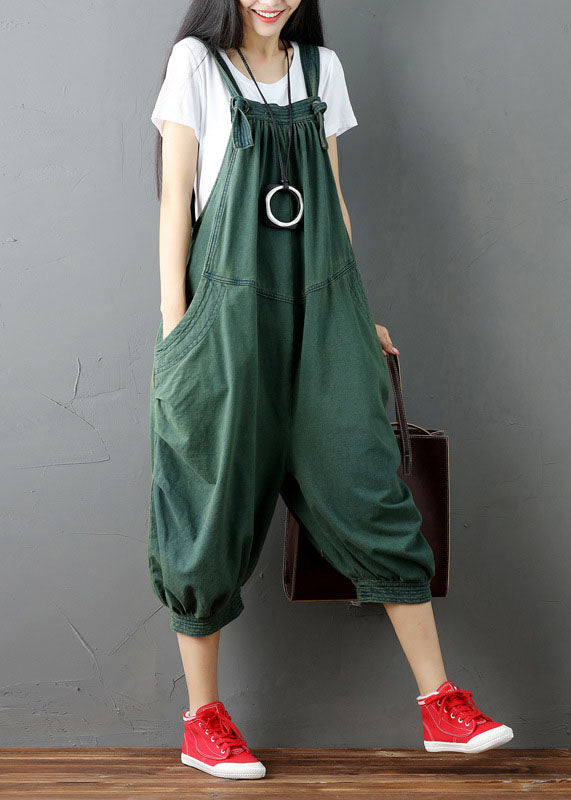 Green Wrinkled Patchwork Denim Jumpsuit Pants Summer