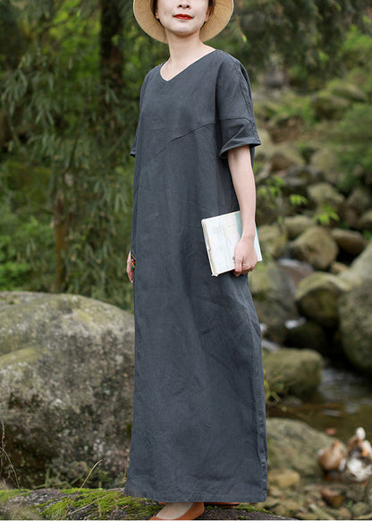 Grey Embroideried V Neck Patchwork Linen Dress Short Sleeve