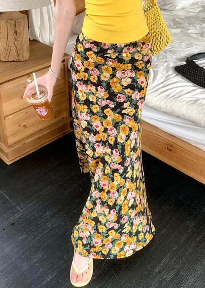 Yellow High Waist Cotton Summer Maxi Skirts Print