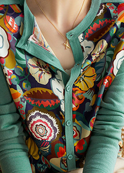 Green O-neck Print Chiffon Patchwork Button Knit Top Long Sleeve