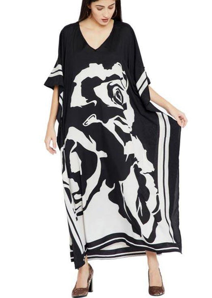 French Black White Half Sleeve Kimono Robe Mid Chiffon Dress