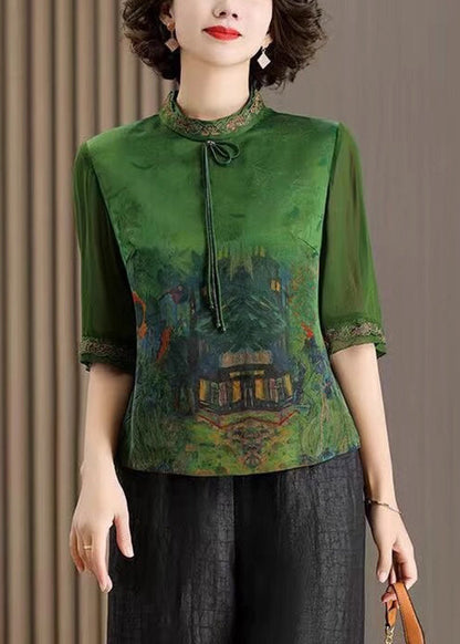 Green Tasseled Print Patchwork Silk Tops Half Sleeve