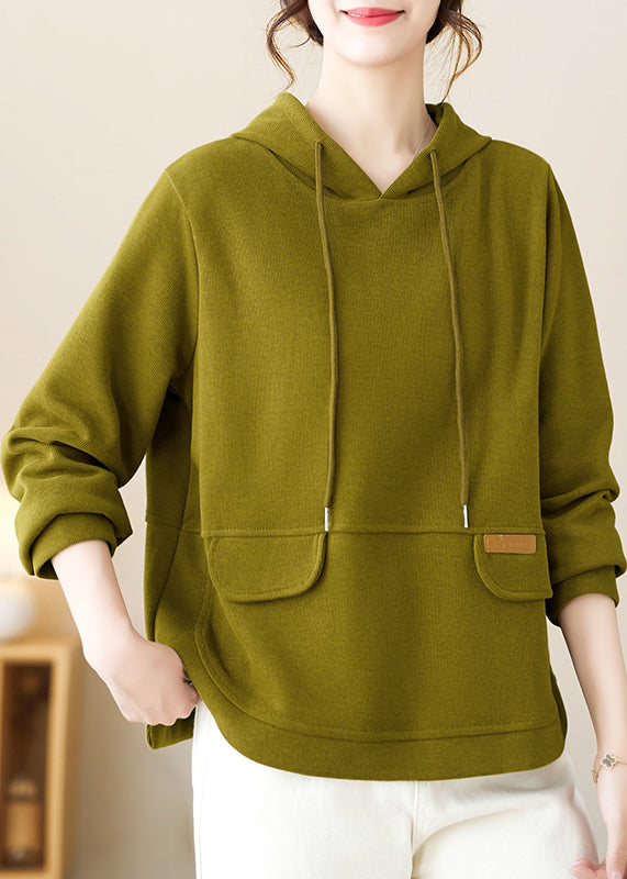 Loose Green Hooded Patchwork Cotton Pullover Fall