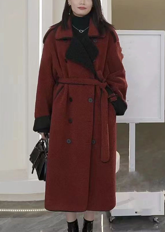Rust Tie Waist Pockets Patchwork Thick Woolen Coats Winter