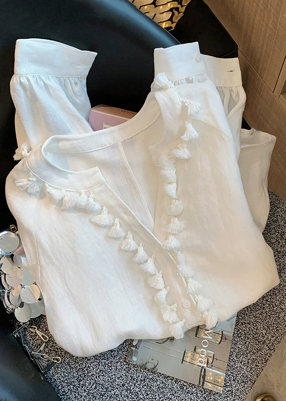 White V Neck Tasseled Linen Shirt Fall