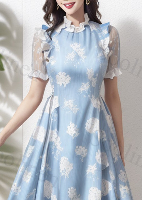 Blue Ruffled Print High Waist Silk Dress Summer