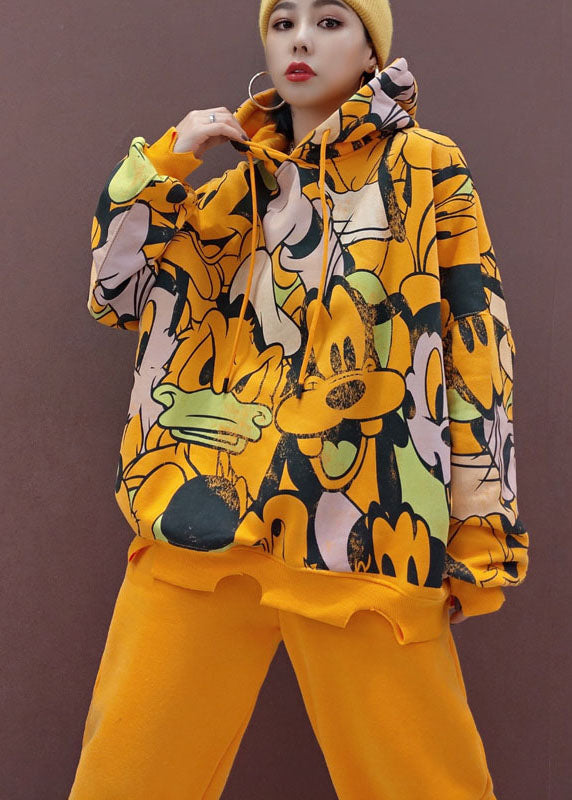 Simple Yellow Hooded Warm Fleece Sets 2 Pieces Spring