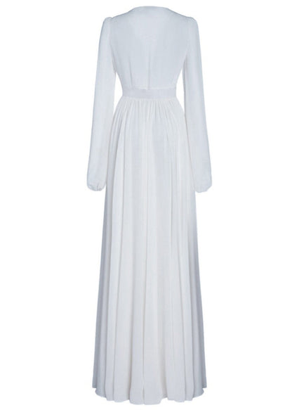 White V Neck High Waist Chiffon Holiday Dress Fall