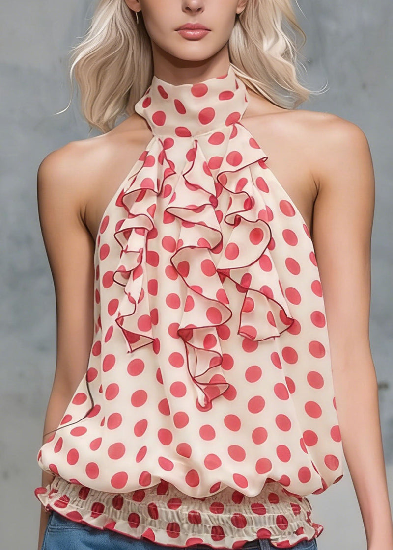 Style Red Dot Ruffled Patchwork Chiffon Shirt Top Sleeveless