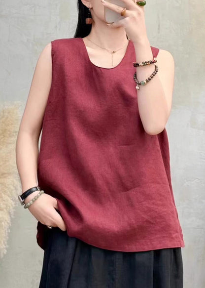 Classy Wine Red Side Open Linen Tops Sleeveless