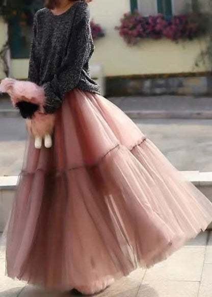Pink Ruffled Tulle Cinched Circle Fall Skirt