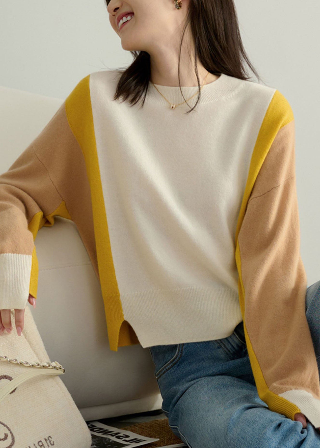 Colorblock O-neck Patchwork Side Open Cashmere Sweater Spring