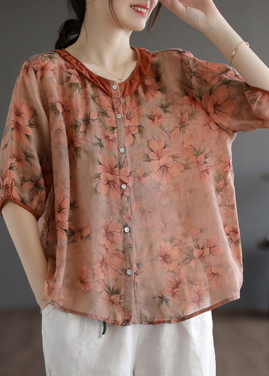 Red Ruffled Print Linen Shirt Half Sleeve