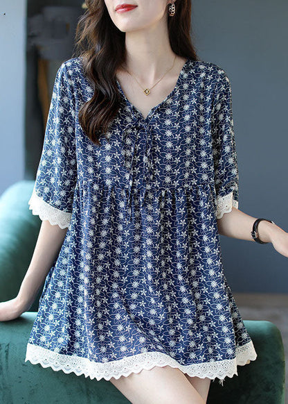 Blue V Neck Lace Patchwork Print Chiffon Top Half Sleeve