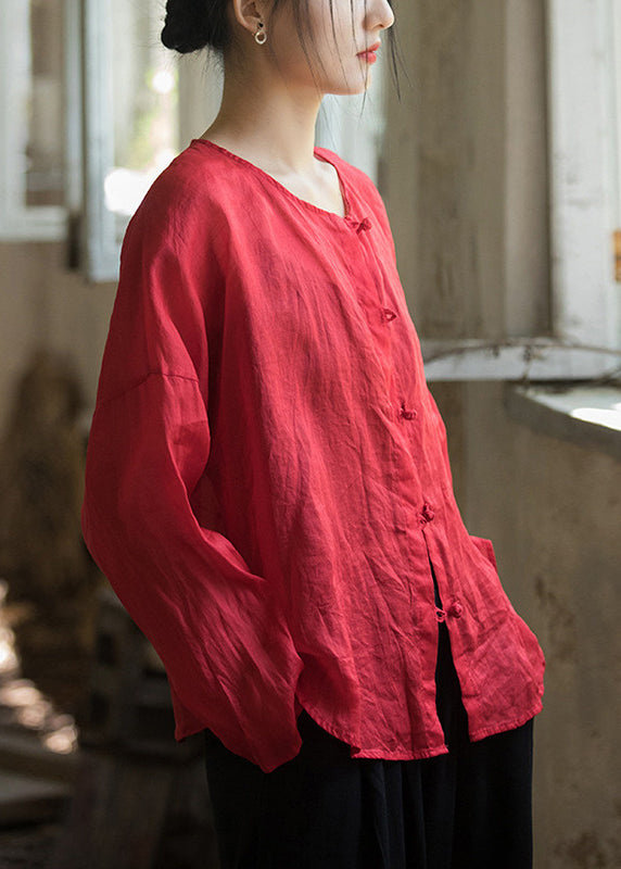 Red Loose Linen Shirts O-neck Button Down Fall