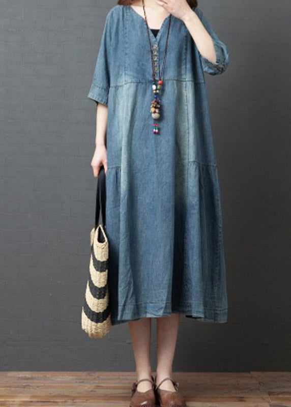 Denim Blue V Neck Patchwork Dresses Half Sleeve