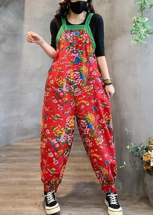 Red High Waist Patchwork Cotton Jumpsuits Pockets Fall