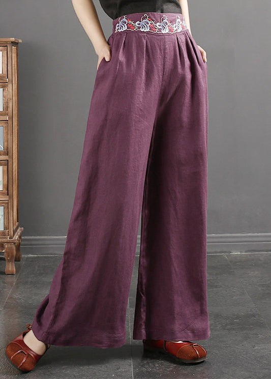 Italian Purple Embroideried Pockets Linen Straight Pants Spring