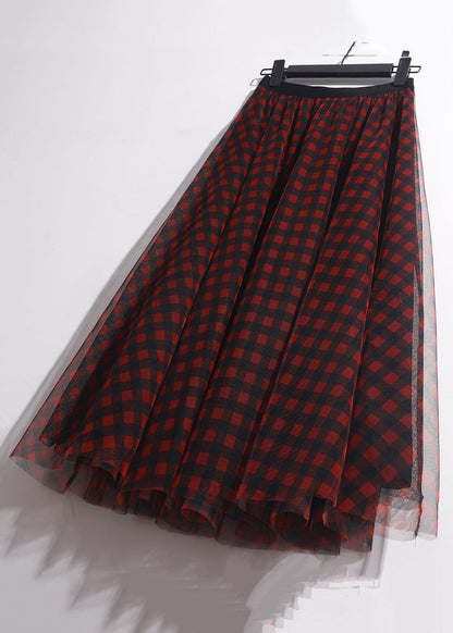 Red Print Tulle a Line Skirts Elastic Waist