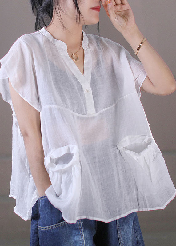 White Patchwork Cotton Linen Tanks V Neck Pockets Color Short Sleeve