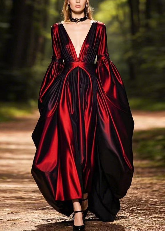 Mulberry Patchwork Silk Long Dresses Lantern Sleeve